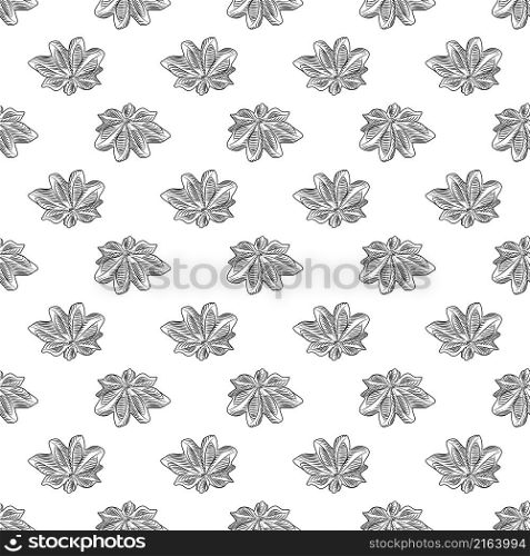 Hand drawn badian seamless pattern on white background. Dry anise backdrop. Engraving vintage style. Vector illustration. Hand drawn badian seamless pattern on white background. Dry anise backdrop.