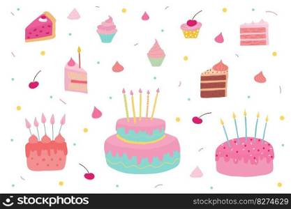 Hand-drawn baked cakes with candles, cake slices, cupcakes, and vector set. Festive culinary icons for decorations, anniversaries, weddings, and birthdays. Festive elements are isolated
