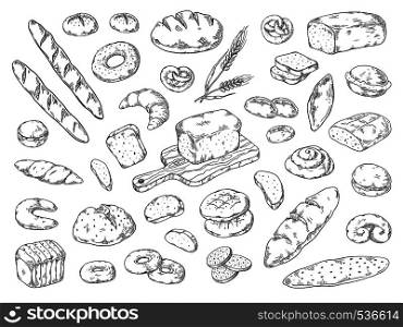 Hand drawn bakery. Doodle bread sketch, wheat flour types of bread, vintage graphic template baking. Vector bakery bagels and cookies. Hand drawn bakery. Doodle bread sketch, wheat flour types of bread, vintage graphic template. Vector bakery bagels and cookies