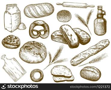 Hand drawn bakery. Freshly baked bread, wheat ears and baking flour. Sketch bakery ingredients vector illustration set. Collection of elegant monochrome vintage drawings of pastry products assortment.. Hand drawn bakery. Freshly baked bread, wheat ears and baking flour. Sketch bakery ingredients vector illustration set