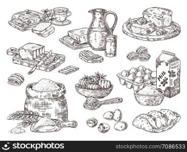 Hand drawn bakery goods. Butter milk eggs and flour culinary ingredients, butter and bread sandwiches on dish. Vector isolated sketch fats set. Hand drawn bakery goods. Butter milk eggs and flour culinary ingredients, butter and bread sandwiches. Vector isolated sketch set