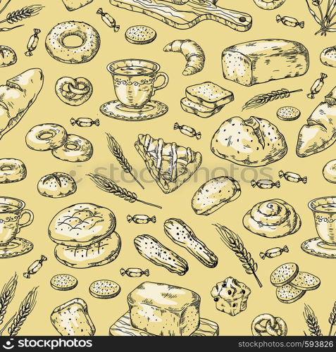 Hand drawn bakery pattern. Vintage bread and cakes doodle sketch design template, sweet pies and cookies. Vector wallpaper bakery illustrations set. 1903.m30.i130.n014.F.c06.250142509 Hand drawn bakery pattern. Vintage bread and cakes doodle sketch design template, sweet pies and cookies. Vector bakery set