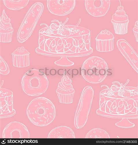 Hand drawn bakery products. Cookies, cakes, donuts. Vector seamless pattern