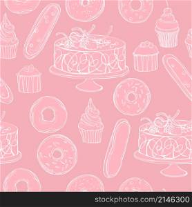Hand drawn bakery products. Cookies, cakes, donuts. Vector seamless pattern