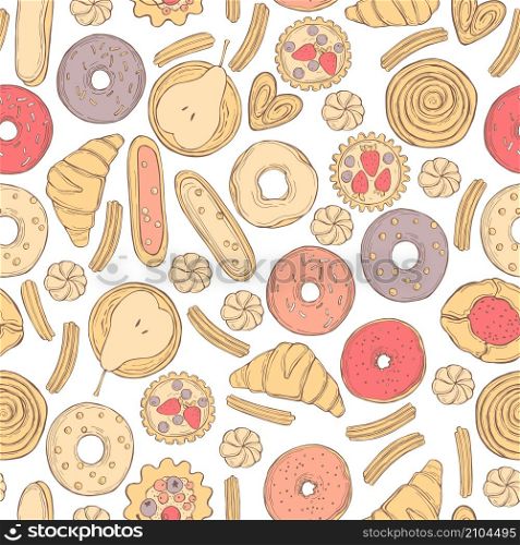 Hand drawn bakery products. Cookies, cakes, donuts. Vector seamless pattern. Vector pattern with bakery products.