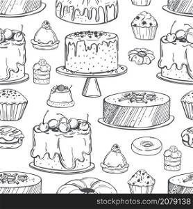 Hand drawn bakery products. Cookies, cakes, muffins. Vector seamless pattern