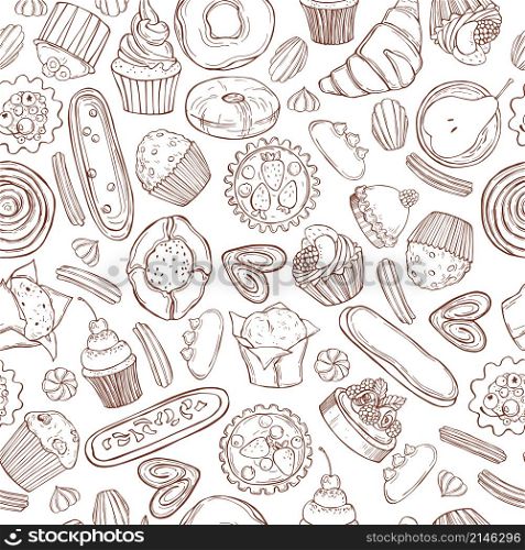 Hand drawn bakery products. Cookies, cakes, muffins. Vector seamless pattern