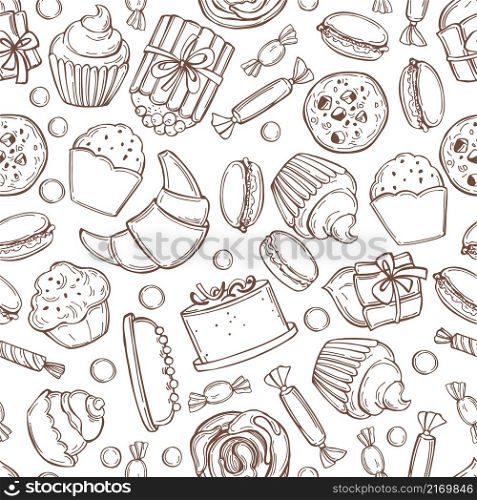 Hand drawn bakery products. Cookies, cakes, muffins. Vector seamless pattern. Bakery products. Vector pattern