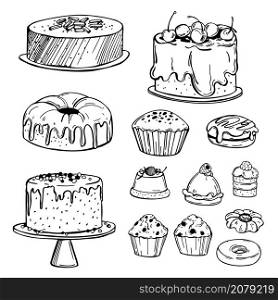 Hand drawn bakery products. Cookies, cakes, muffins. Vector sketch illustration.