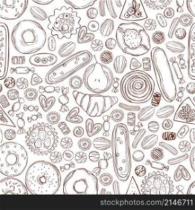 Hand drawn bakery products. Cookies, cakes, sweets. Vector seamless pattern. Cookies, cakes, sweets. Vector seamless pattern