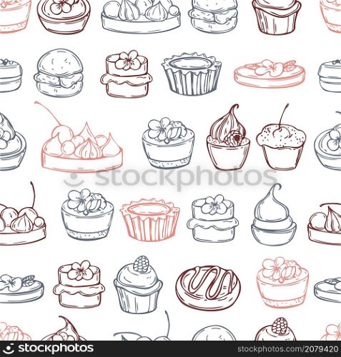 Hand drawn bakery products. Cookies, cupcakes. Vector seamless pattern