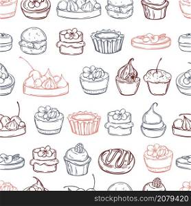 Hand drawn bakery products. Cookies, cupcakes. Vector seamless pattern