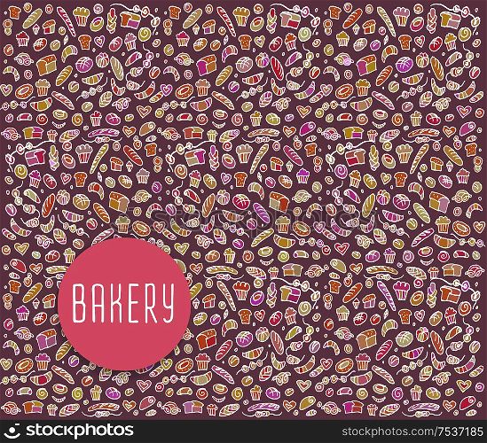 Hand drawn bakery seamless logo, bakery doodles elements, bakery seamless background. Bakery Vector sketchy illustration . Hand drawn bakery seamless logo background.