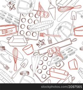 Hand drawn bakery utensils. Baking tools and essentials. Vector seamless pattern. Bakery utensils. Vector pattern