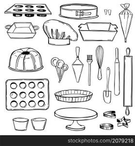 Hand drawn bakery utensils. Baking tools and essentials. Vector sketch illustration