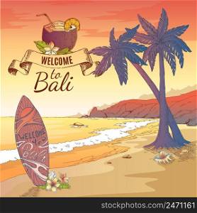 Hand drawn bali elements square background with seashore coastal palms surfing board decorative cocktail and title vector illustration. Welcome To Bali Background