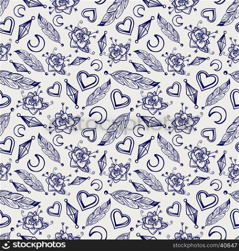 Hand drawn ball pen seamless pattern with feathers hearts moons flowers. Hand drawn ball pen seamless pattern with vector feathers hearts moons flowers