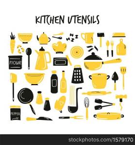 Hand drawn banner, background with cooking utensils, amenities. Vector illustration with different kitchenware.. Hand drawn banner, background with cooking utensils, amenities. Vector illustration with different kitchenware