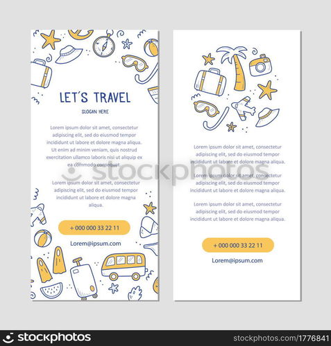 Hand drawn banner of travel summer vacation elements, luggage, map, suitcase, sea star. Doodle sketch style. Travel element drawn by digital pen. Illustration for banner, card design template.