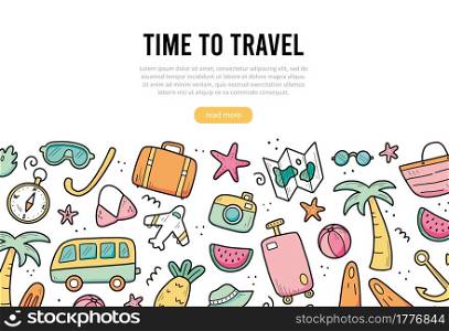 Hand drawn banner of travel summer vacation elements, luggage, map, suitcase, sea star. Doodle sketch style. Travel element drawn by digital pen. Illustration for banner, background design template.