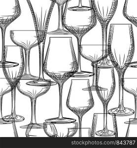 Hand drawn bar glassware seamless pattern. Empty champagne and wine glass backdrop. Engraving style. Alcoholic beverage glasses design. Vector illustration. Hand drawn bar glassware seamless pattern. Empty champagne and wine glass backdrop.