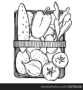 Hand drawn basket with vegetables. Vector sketch illustration.