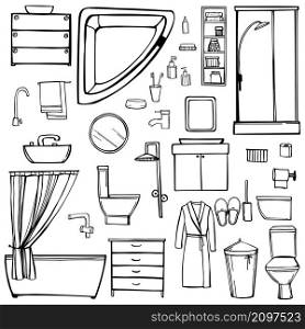 Hand drawn bathroom furniture, plumbing, shower accessories. Vector sketch illustration. . Furniture and plumbing for the bathroom.