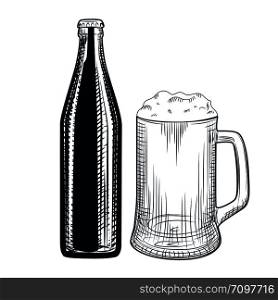 Hand drawn beer bottle and beer mug. Engraving style. Vector illustration isolated on white background. Hand drawn beer bottle and beer mug. Engraving style.