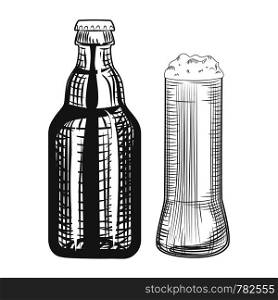 Hand drawn Beer bottle and glass. Engraving style. Freehand vector illustration isolated on white background.. Hand drawn Beer bottle and glass. Engraving style.