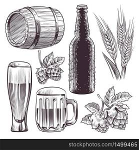 Hand drawn beer. Mug, barrel and beer glass and bottle, wheat or malt ears, hops. Vintage engraving sketch isolated vector brewing set. Hand drawn beer. Mug, barrel and beer glass and bottle, wheat or malt ears, hops. Vintage engraving sketch isolated vector set