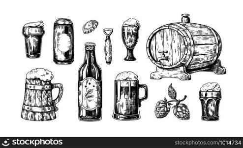 Hand drawn beer. Vintage wooden and glass pub mugs with bear and alcoholic beverages with bubble foam. Vector illustrations drink in bottle and wood cask with ingredients set on white background. Hand drawn beer. Vintage wooden and glass pub mugs with bear and alcoholic beverages with bubble foam. Vector set