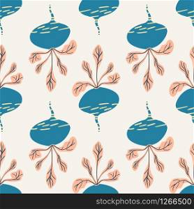 Hand drawn beet seamless pattern background. Vintage beetroot backdrop. Botanical wallpaper. Design for fabric, textile print, wrapping paper, kitchen textiles. Vector illustration. Hand drawn beet seamless pattern background. Vintage beetroot backdrop.