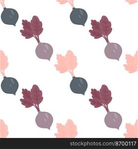 Hand drawn beet seamless pattern. Doodle beetroot wallpaper. Vegetarian healthy food backdrop. Design for fabric, textile print, wrapping paper. Vector illustration. Hand drawn beet seamless pattern. Doodle beetroot wallpaper.