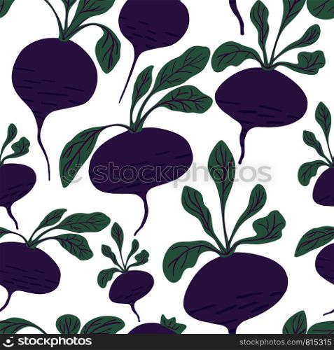 Hand drawn beet seamless pattern on white background. Doodle beetroot wallpaper. Design for fabric, textile print, wrapping paper, children textile. Vector illustration. Hand drawn beet seamless pattern on white background. Doodle beetroot wallpaper.