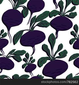 Hand drawn beet seamless pattern on white background. Doodle beetroot wallpaper. Vector illustration. Hand drawn beet seamless pattern on white background.