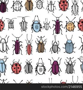 Hand drawn beetles on white background. Vector seamless pattern . Hand drawn beetles . Vector pattern