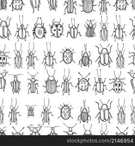 Hand drawn beetles on white background. Vector seamless pattern . Vector seamless pattern with beetles