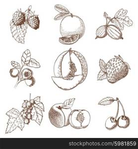 Hand Drawn Berries And Fruits Set. Decorative icons set of hand drawn berries and fruits in retro style isolated vector illustration