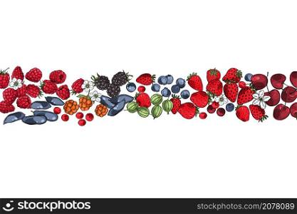 Hand drawn berries . Currant, strawberry, blueberry, cloudberry, blackberries, cherries. Vector background. Sketch illustration.. Hand drawn berries. Vector background.