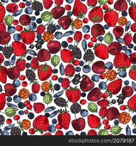 Hand drawn berries. Currant, strawberry, blueberry, cloudberry, blackberries, cherries.Vector seamless pattern
