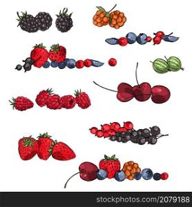 Hand drawn berries set. Currant, strawberry, blueberry, cloudberry, blackberries, cherries. Vector sketch illustration.. Vector sketch berries set.