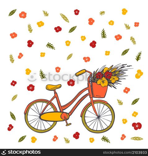 Hand drawn bike with flowers. Vector sketch illustration. Hand drawn bike with flowers. Vector illustration