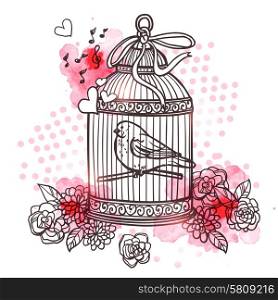 Hand drawn bird closed in cage with flowers and heart symbols vector illustration. Bird In Cage Illustration