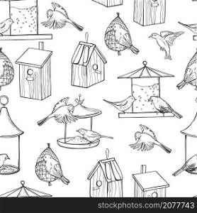 Hand drawn bird feeders, birdhouses and birds. Vector seamless pattern.. Bird feeders, birdhouses and birds. Vector pattern.