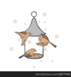 Hand drawn bird feeders, birdhouses and birds. Vector sketch illustration. . Bird feeder and birds. Vector illustration.