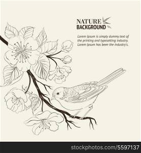 Hand drawn bird on sacura branch. Vector illustration, contains transparencies, gradients and effects.