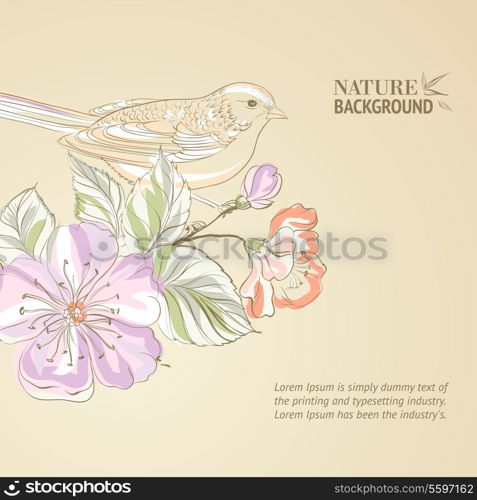 Hand drawn bird on sacura branch. Vector illustration, contains transparencies, gradients and effects.