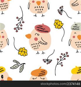 Hand drawn birds in berets seamless pattern in delicate pastel colors. Perfect for T-shirt, textile and print. Doodle vector illustration for decor and design.