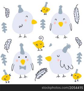 Hand drawn birds in funny hats winter collection. Perfect for poster, textile and prints. Cartoon style vector illustration for decor and design.