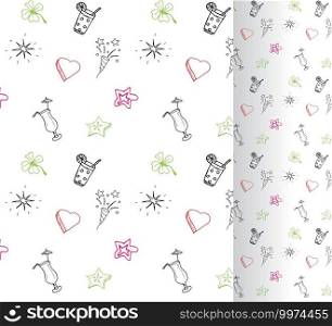 Hand drawn Birthday, party background Seamless pattern with drinks hearts and stars.. Hand drawn Birthday, party background Seamless pattern with drinks hearts and stars